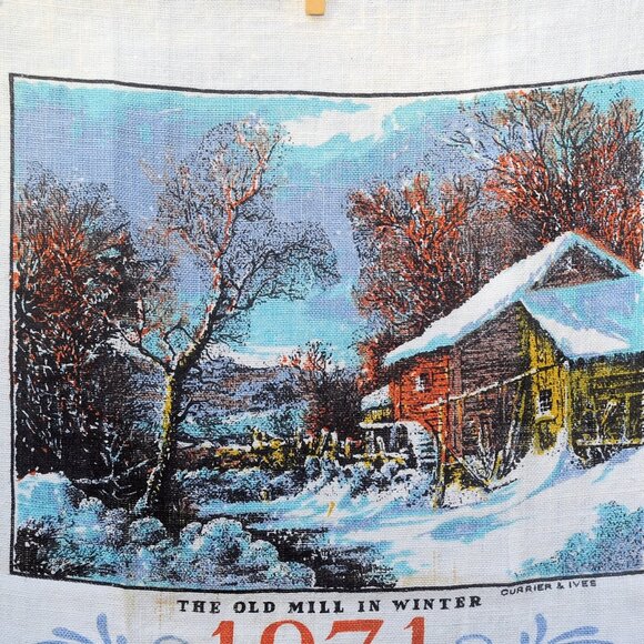 Vintage 1971 Linen Calendar Towel 'Old Mill in Winter' Currier & Ives Watermill - Picture 4 of 8